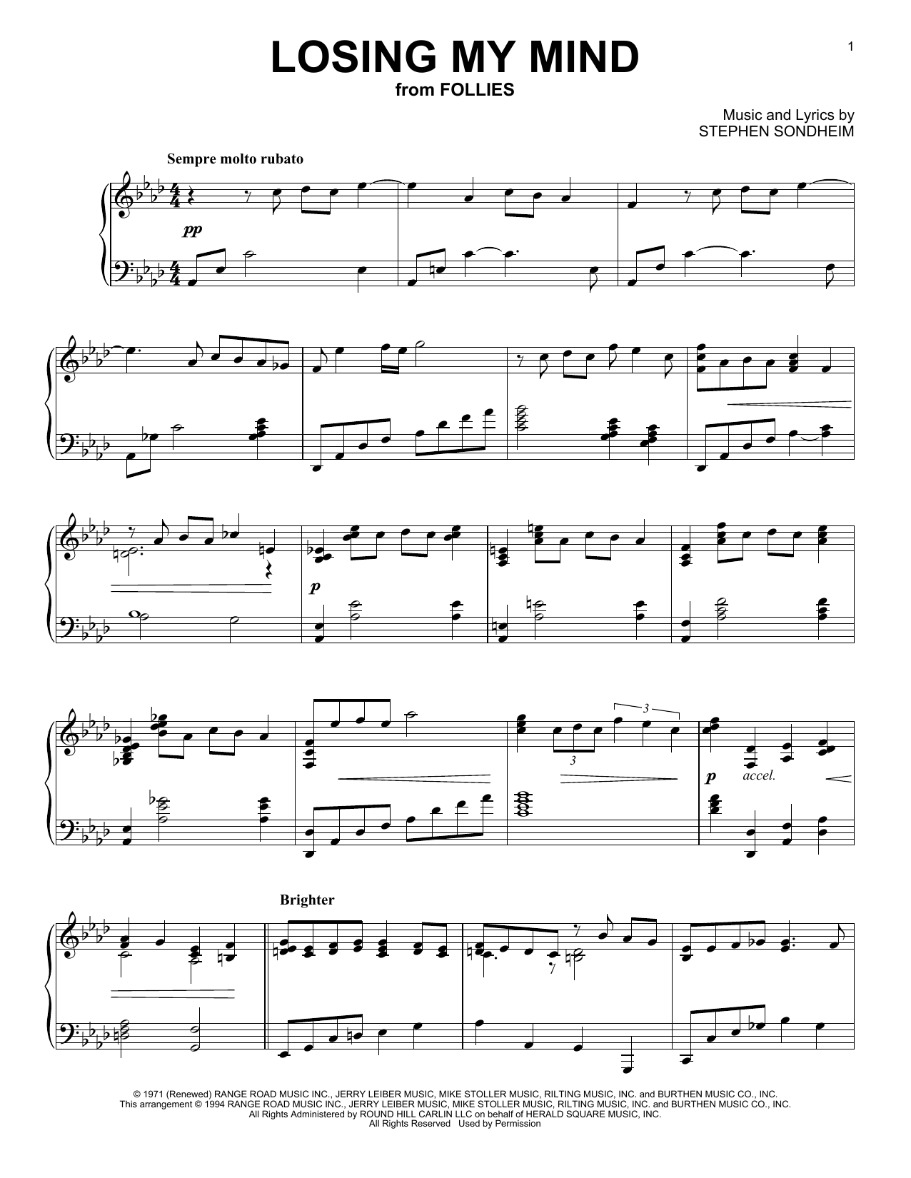 Stephen Sondheim Losing My Mind (from 'Follies') sheet music notes and chords. Download Printable PDF.