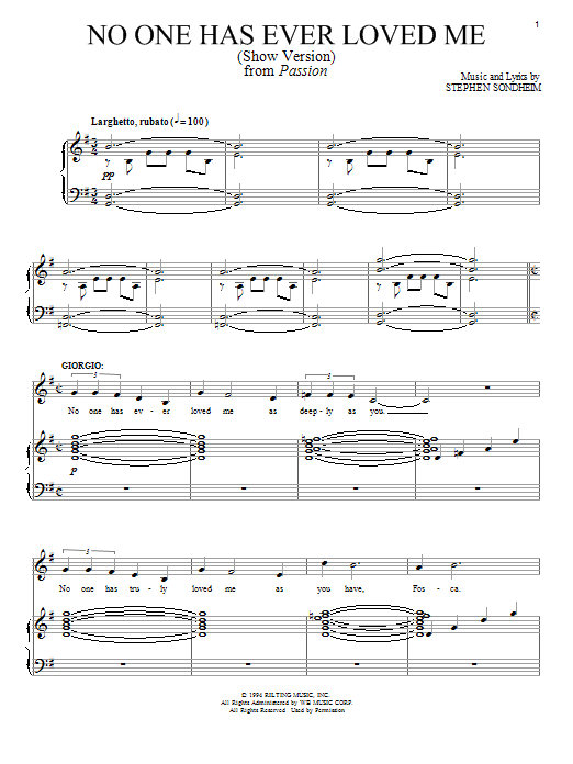 Learn to play Stephen Sondheim No One Has Ever Loved Me (Show Version) sheet music for Piano & Vocal in minutes. Price: 7.8900$ Stephen Sondheim No One Has Ever Loved Me (Show Version) sheet music notes and chords arranged for Piano & Vocal