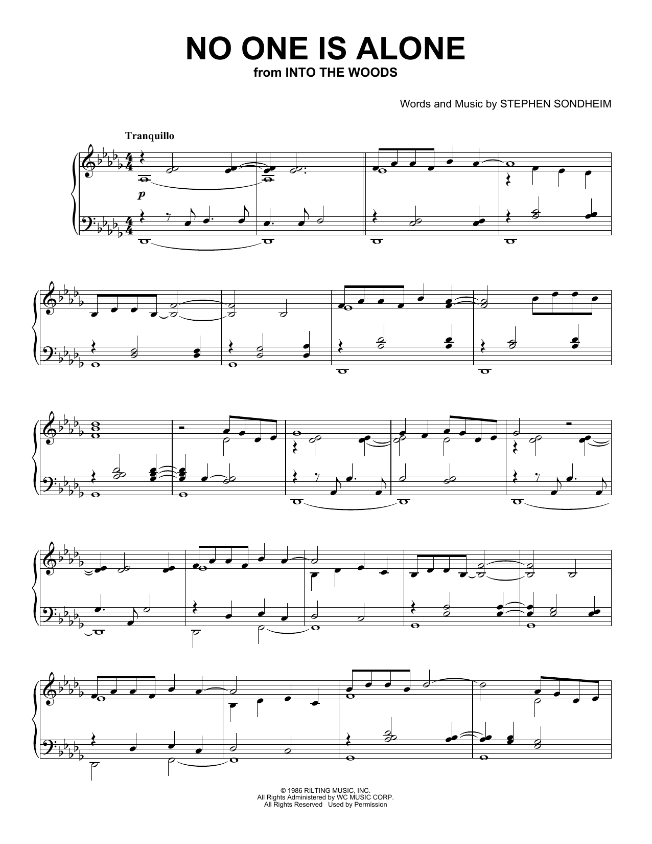Learn to play Stephen Sondheim No One Is Alone - Part I (from Into The Woods) (Peaceful Piano Solo) sheet music for Piano Solo in minutes. Price: 7.8900$ Stephen Sondheim No One Is Alone - Part I (from Into The Woods) (Peaceful Piano Solo) sheet music notes and chords arranged for Piano Solo