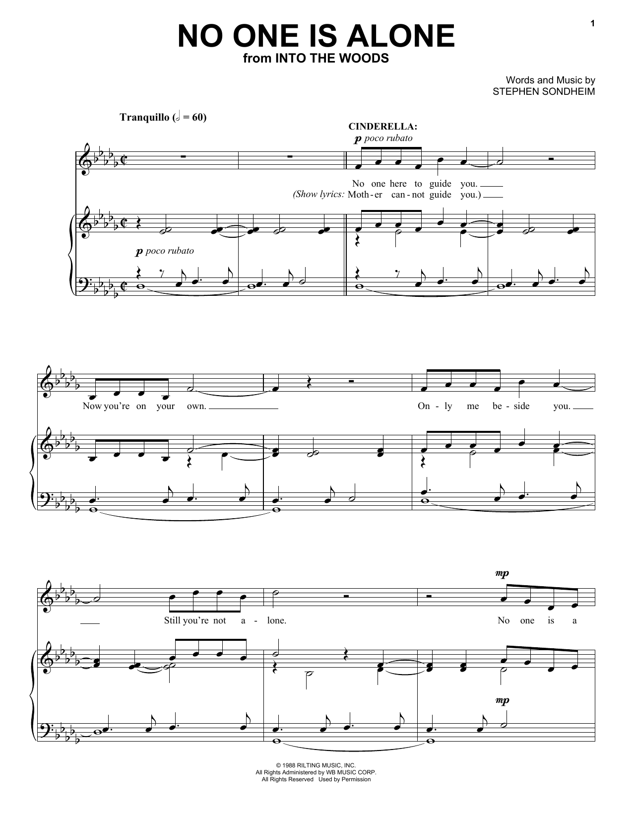 Stephen Sondheim No One Is Alone - Part I (from Into The Woods) sheet music notes and chords. Download Printable PDF.