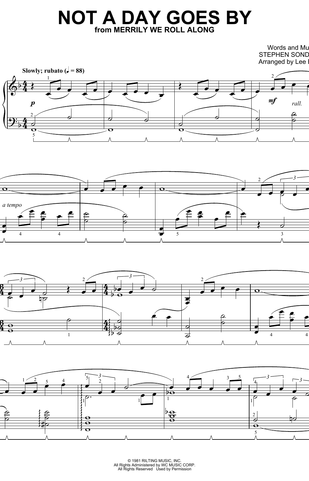 Learn to play Stephen Sondheim Not A Day Goes By (from Merrily We Roll Along) (arr. Lee Evans) sheet music for Piano Solo in minutes. Price: 7.8900$ Stephen Sondheim Not A Day Goes By (from Merrily We Roll Along) (arr. Lee Evans) sheet music notes and chords arranged for Piano Solo