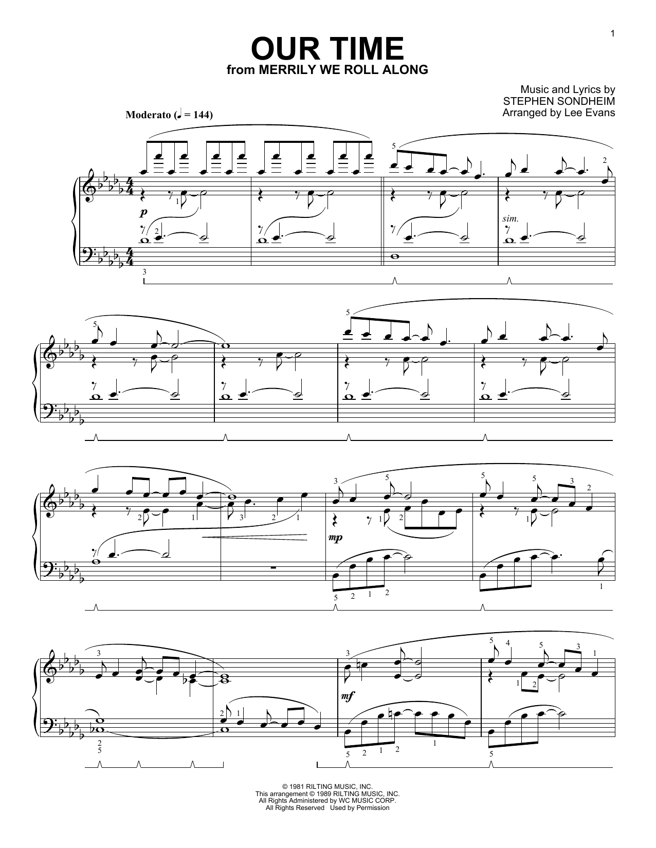 Learn to play Stephen Sondheim Our Time (from Merrily We Roll Along) (arr. Lee Evans) sheet music for Piano Solo in minutes. Price: 7.8900$ Stephen Sondheim Our Time (from Merrily We Roll Along) (arr. Lee Evans) sheet music notes and chords arranged for Piano Solo