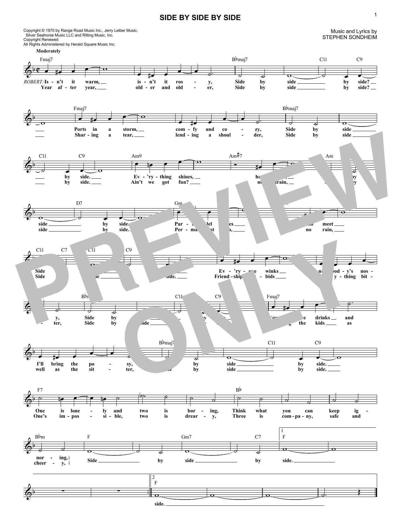 Learn to play Stephen Sondheim Side By Side By Side (from Company) sheet music for Lead Sheet / Fake Book in minutes. Price: 5.9900$ Stephen Sondheim Side By Side By Side (from Company) sheet music notes and chords arranged for Lead Sheet / Fake Book