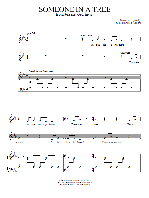 Learn to play Stephen Sondheim Someone In A Tree sheet music for Piano & Vocal in minutes. Price: 7.8900$ Stephen Sondheim Someone In A Tree sheet music notes and chords arranged for Piano & Vocal