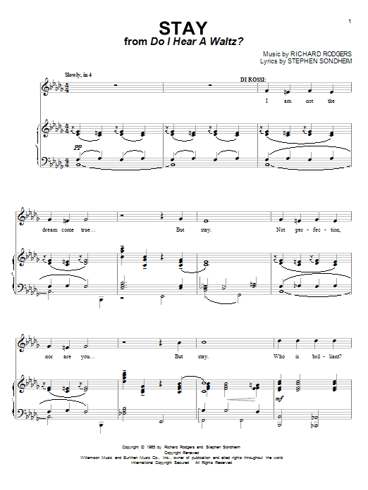 Stephen Sondheim Stay (from Do I Hear A Waltz?) sheet music notes and chords. Download Printable PDF.