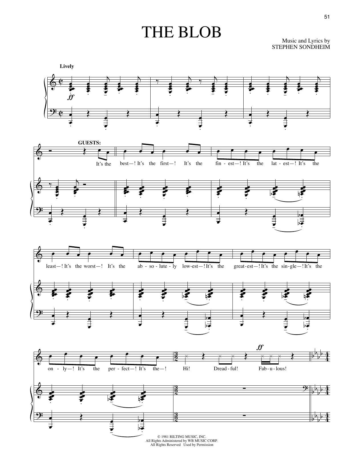 Learn to play Stephen Sondheim The Blob (from Merrily We Roll Along) sheet music for Piano & Vocal in minutes. Price: 7.8900$ Stephen Sondheim The Blob (from Merrily We Roll Along) sheet music notes and chords arranged for Piano & Vocal
