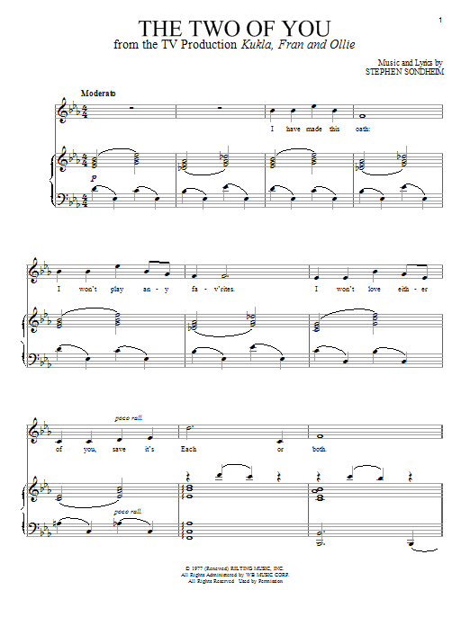 Learn to play Stephen Sondheim The Two Of You sheet music for Piano & Vocal in minutes. Price: 7.8900$ Stephen Sondheim The Two Of You sheet music notes and chords arranged for Piano & Vocal
