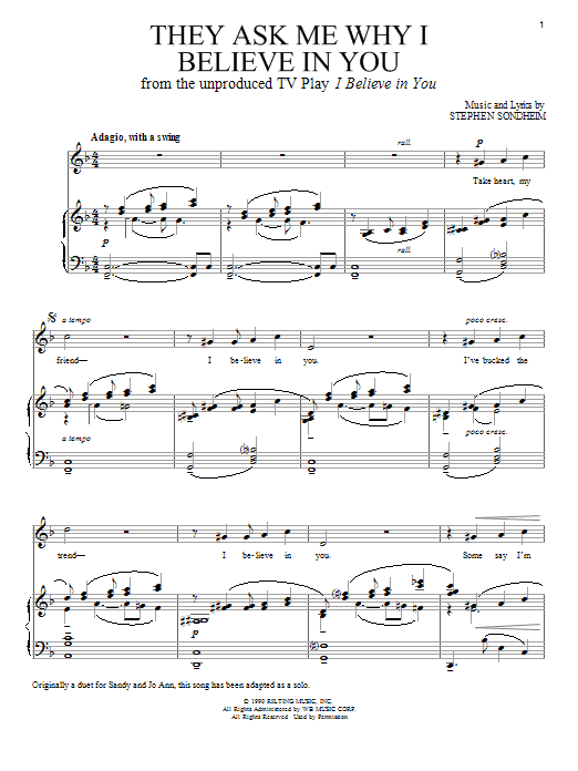 Learn to play Stephen Sondheim They Ask Me Why I Believe In You sheet music for Piano & Vocal in minutes. Price: 7.8900$ Stephen Sondheim They Ask Me Why I Believe In You sheet music notes and chords arranged for Piano & Vocal