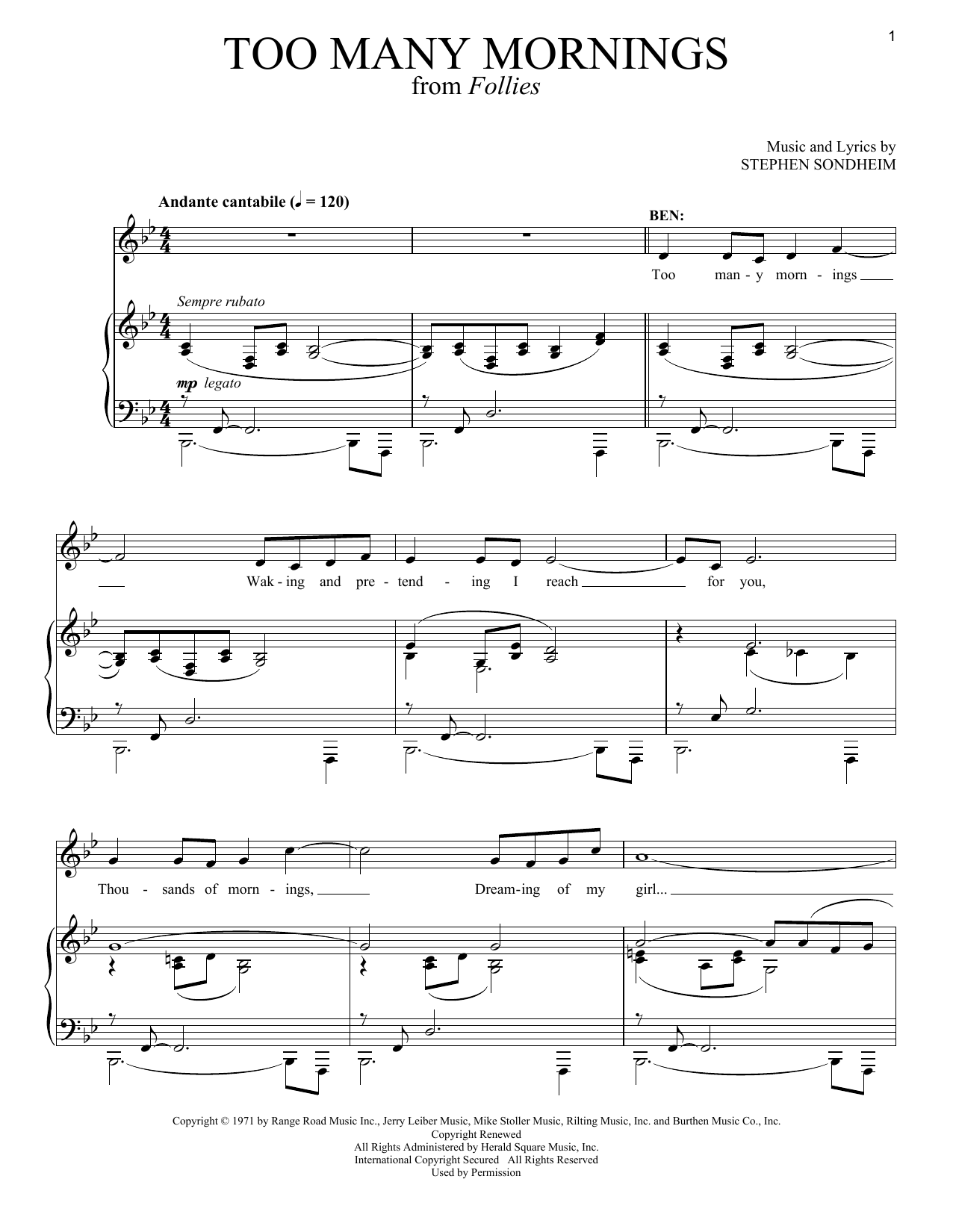 Stephen Sondheim Too Many Mornings sheet music notes and chords. Download Printable PDF.