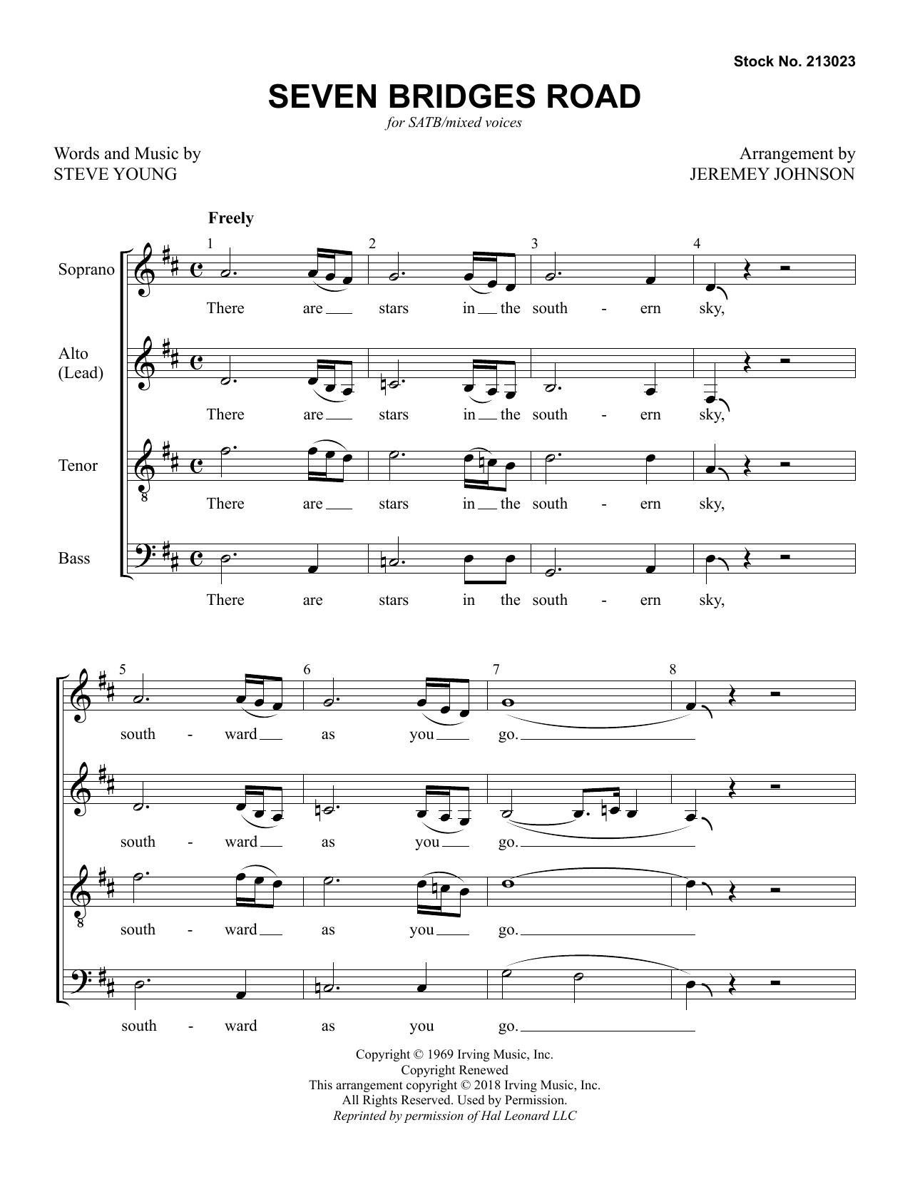 Stephen T. Young Seven Bridges Road (arr. Jeremey Johnson) sheet music notes and chords arranged for SATB Choir