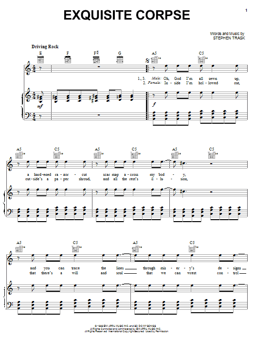 Stephen Trask Exquisite Corpse sheet music notes and chords arranged for Piano, Vocal & Guitar Chords (Right-Hand Melody)