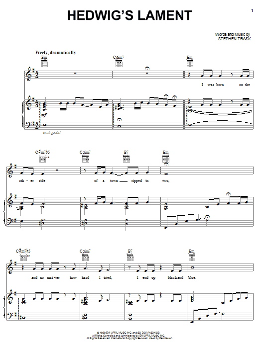 Learn to play Stephen Trask Hedwig's Lament sheet music for Piano, Vocal & Guitar Chords (Right-Hand Melody) in minutes. Price: 7.8900$ Stephen Trask Hedwig's Lament sheet music notes and chords arranged for Piano, Vocal & Guitar Chords (Right-Hand Melody)