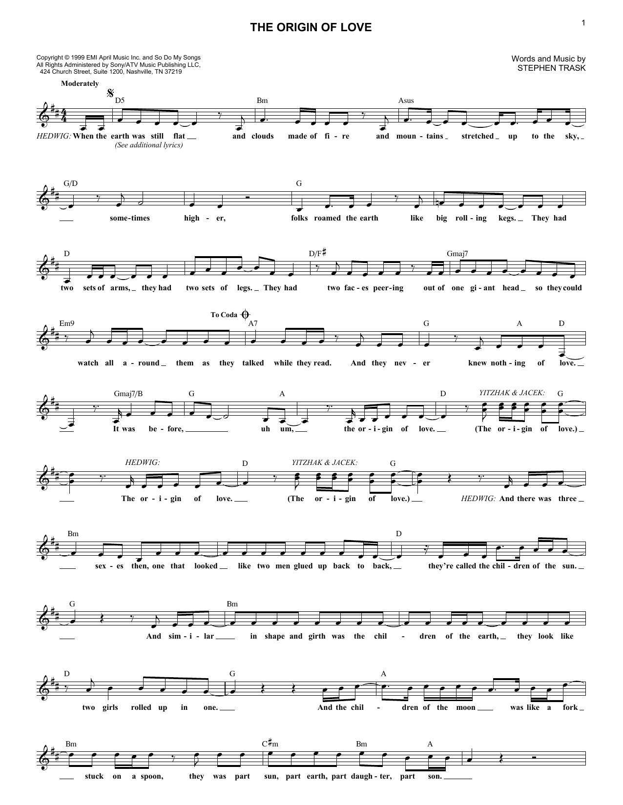 Stephen Trask The Origin Of Love sheet music notes and chords. Download Printable PDF.