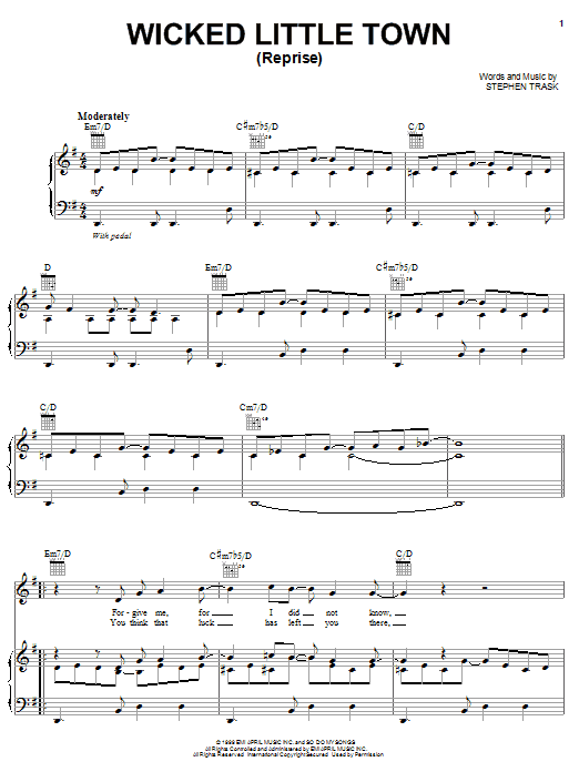 Learn to play Stephen Trask Wicked Little Town (Reprise) sheet music for Piano, Vocal & Guitar Chords (Right-Hand Melody) in minutes. Price: 7.8900$ Stephen Trask Wicked Little Town (Reprise) sheet music notes and chords arranged for Piano, Vocal & Guitar Chords (Right-Hand Melody)