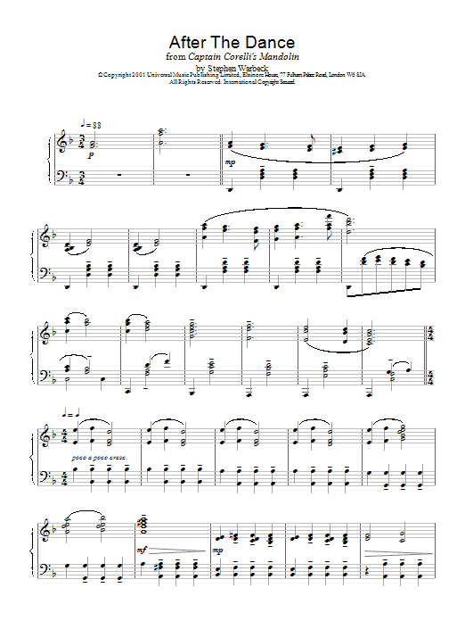 Learn to play Stephen Warbeck After The Dance (from Captain Corelli's Mandolin) sheet music for Piano Solo in minutes. Price: 7.8900$ Stephen Warbeck After The Dance (from Captain Corelli's Mandolin) sheet music notes and chords arranged for Piano Solo