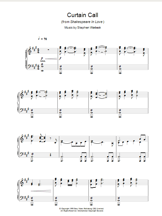 Learn to play Stephen Warbeck Curtain Call (from Shakespeare In Love) sheet music for Piano Solo in minutes. Price: 7.8900$ Stephen Warbeck Curtain Call (from Shakespeare In Love) sheet music notes and chords arranged for Piano Solo