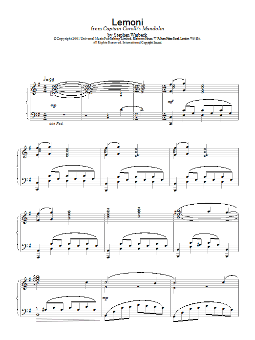 Stephen Warbeck Lemoni (from Captain Corelli's Mandolin) sheet music notes and chords arranged for Piano Solo