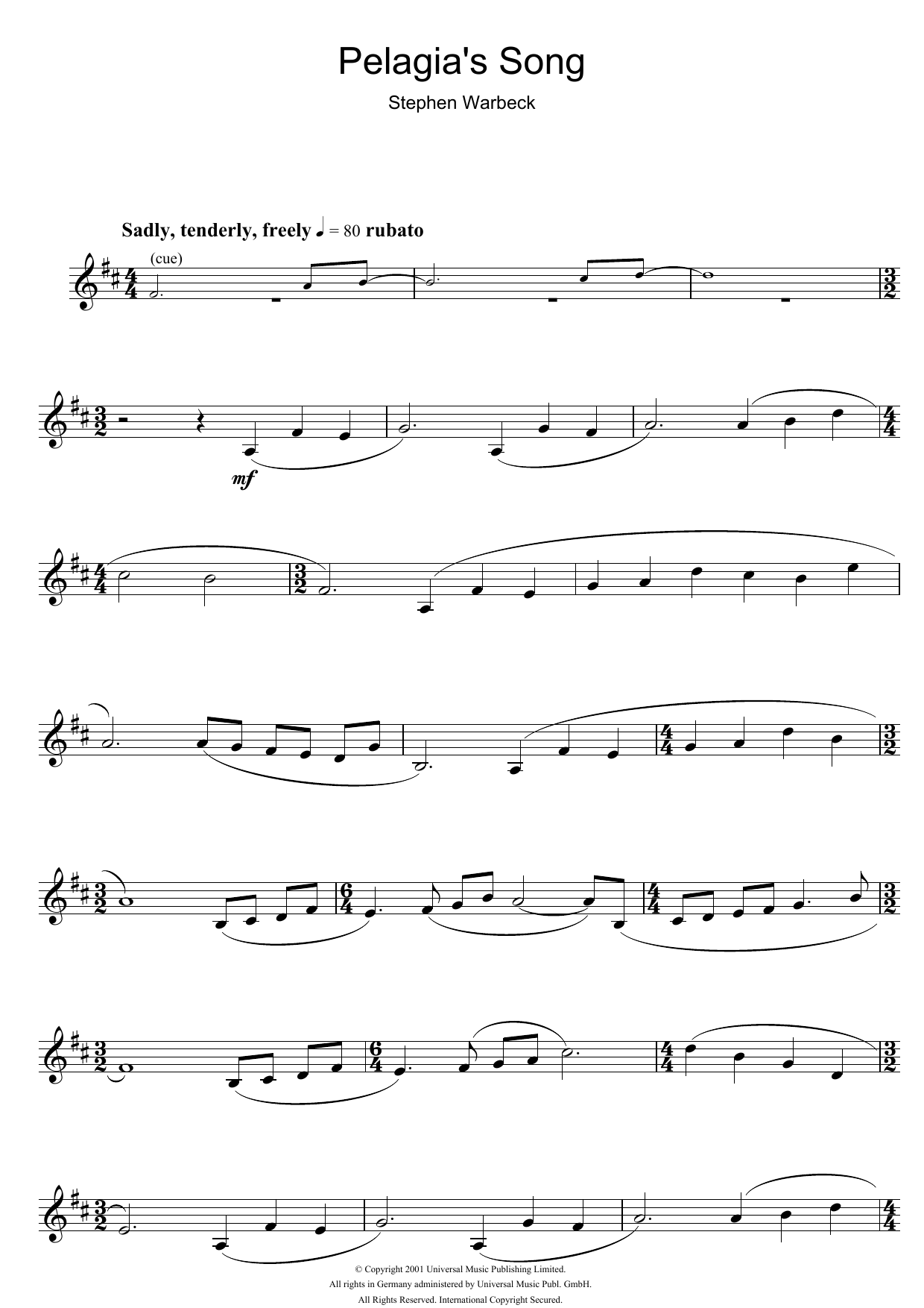 Stephen Warbeck Pelagia's Song (from Captain Corelli's Mandolin) sheet music notes and chords. Download Printable PDF.