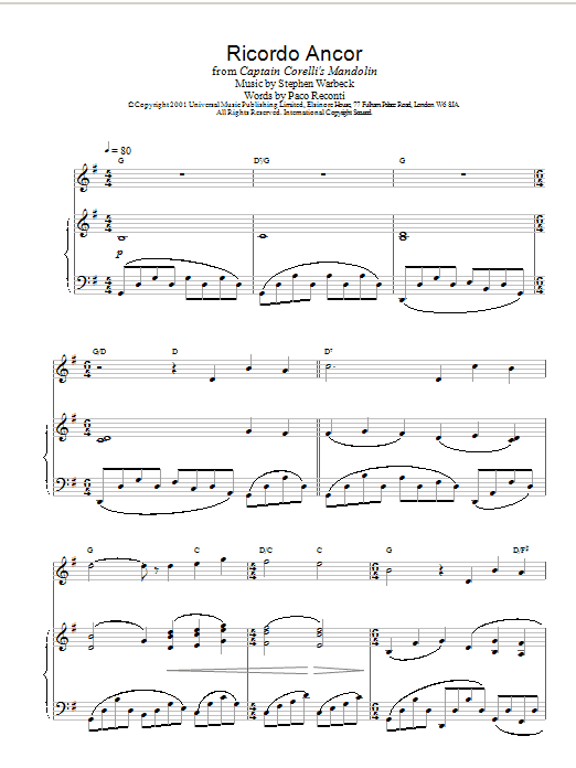 Stephen Warbeck Pelagia's Song (Ricordo Ancor) (from Captain Corelli's Mandolin) sheet music notes and chords. Download Printable PDF.