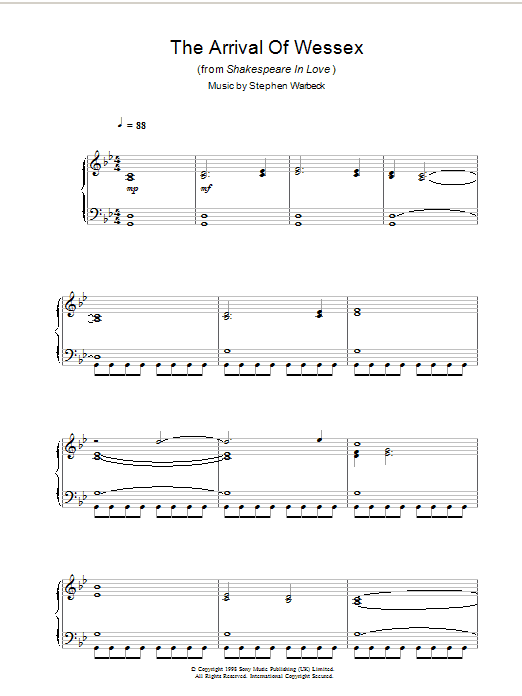 Learn to play Stephen Warbeck The Arrival Of Wessex (from Shakespeare In Love) sheet music for Piano Solo in minutes. Price: 7.8900$ Stephen Warbeck The Arrival Of Wessex (from Shakespeare In Love) sheet music notes and chords arranged for Piano Solo