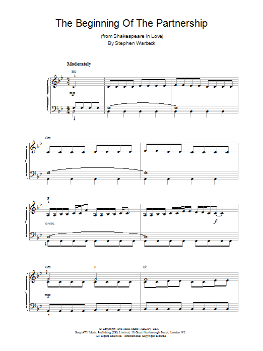 Learn to play Stephen Warbeck The Beginning Of The Partnership sheet music for Piano Solo in minutes. Price: 7.8900$ Stephen Warbeck The Beginning Of The Partnership sheet music notes and chords arranged for Piano Solo