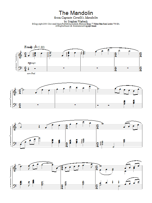 Stephen Warbeck The Mandolin (from Captain Corelli's Mandolin) sheet music notes and chords arranged for Piano Solo