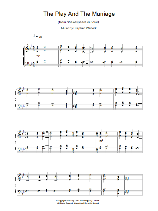 Learn to play Stephen Warbeck The Play And The Marriage (from Shakespeare In Love) sheet music for Piano Solo in minutes. Price: 7.8900$ Stephen Warbeck The Play And The Marriage (from Shakespeare In Love) sheet music notes and chords arranged for Piano Solo