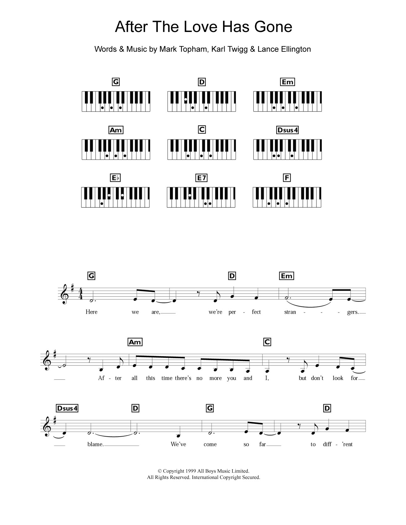 Learn to play Steps After The Love Has Gone sheet music for Piano Chords/Lyrics in minutes. Price: 4.4900$ Steps After The Love Has Gone sheet music notes and chords arranged for Piano Chords/Lyrics