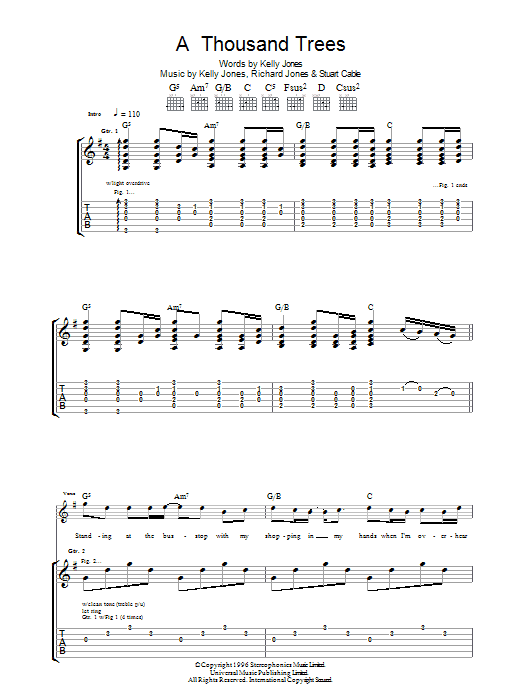 Stereophonics A Thousand Trees sheet music notes and chords. Download Printable PDF.