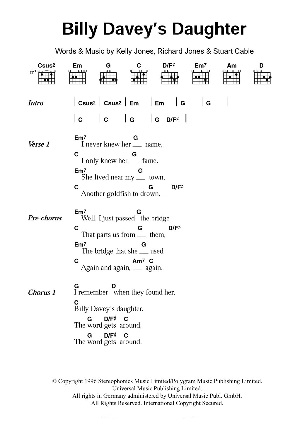 Stereophonics Billy Davey's Daughter sheet music notes and chords. Download Printable PDF.