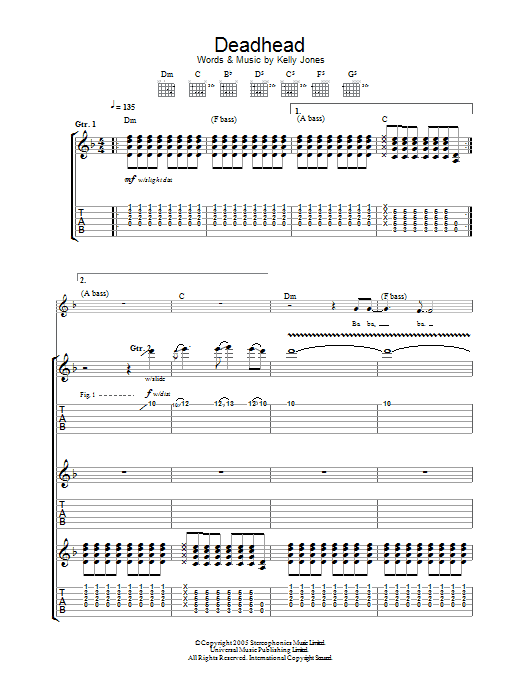 Learn to play Stereophonics Deadhead sheet music for Guitar Tab in minutes. Price: 7.8900$ Stereophonics Deadhead sheet music notes and chords arranged for Guitar Tab