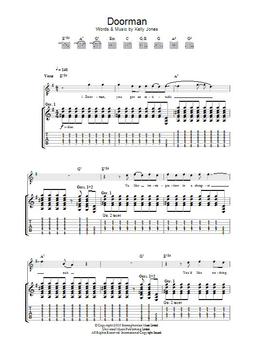 Learn to play Stereophonics Doorman sheet music for Guitar Tab in minutes. Price: 7.8900$ Stereophonics Doorman sheet music notes and chords arranged for Guitar Tab