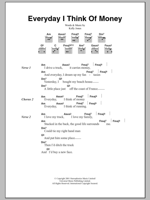 Stereophonics Everyday I Think Of Money sheet music notes and chords. Download Printable PDF.