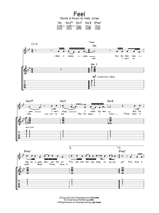 Learn to play Stereophonics Feel sheet music for Guitar Tab in minutes. Price: 7.8900$ Stereophonics Feel sheet music notes and chords arranged for Guitar Tab
