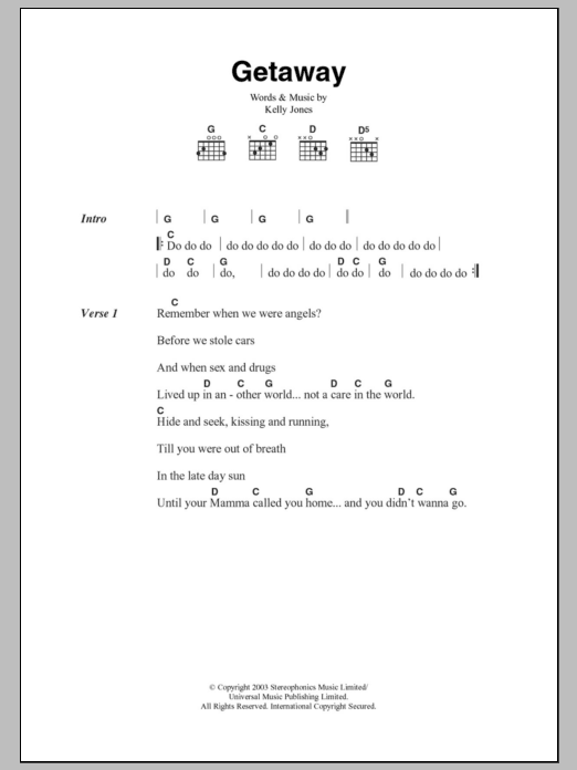 Stereophonics Getaway sheet music notes and chords. Download Printable PDF.