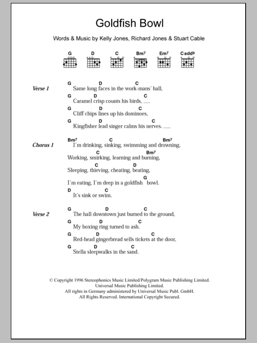 Learn to play Stereophonics Goldfish Bowl sheet music for Guitar Tab in minutes. Price: 7.8900$ Stereophonics Goldfish Bowl sheet music notes and chords arranged for Guitar Tab