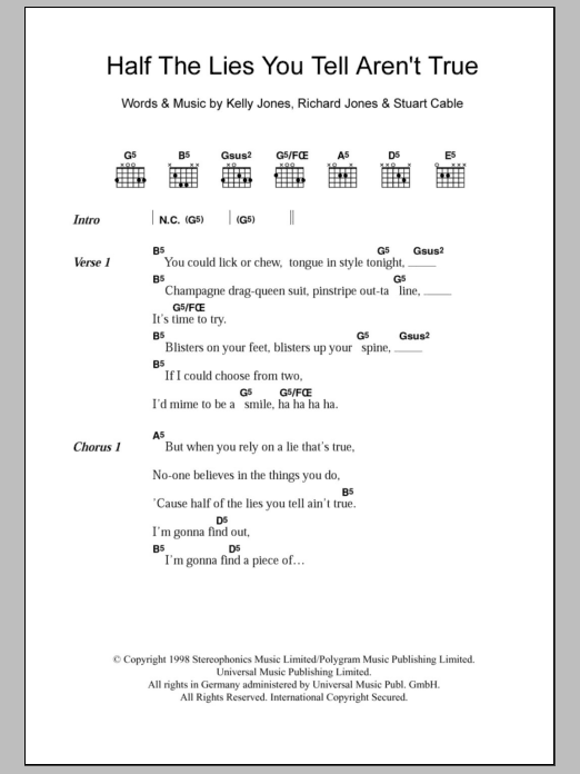 Stereophonics Half The Lies You Tell Ain't True sheet music notes and chords. Download Printable PDF.