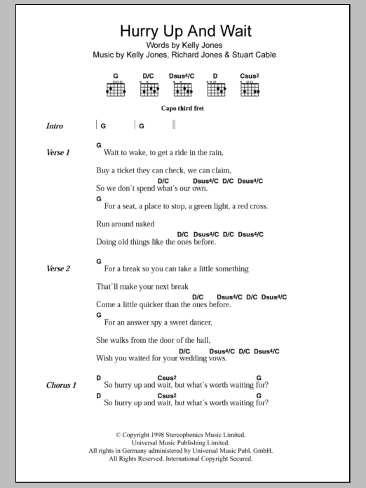 Stereophonics Hurry Up And Wait sheet music notes and chords arranged for Piano, Vocal & Guitar Chords