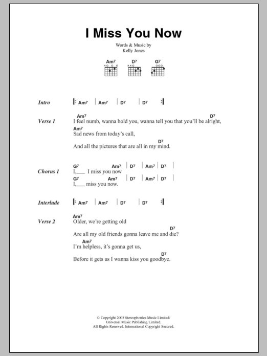 Stereophonics I Miss You Now sheet music notes and chords. Download Printable PDF.