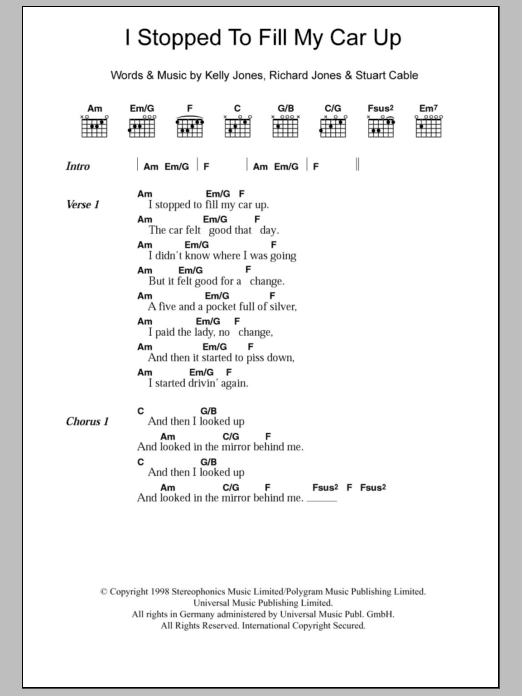 Stereophonics I Stopped To Fill My Car Up sheet music notes and chords. Download Printable PDF.