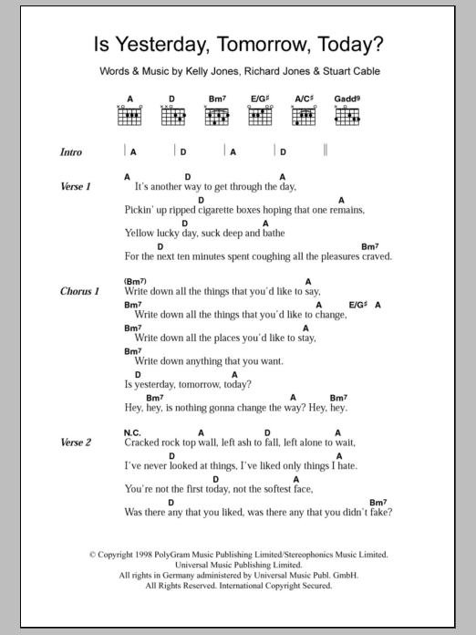 Stereophonics Is Yesterday, Tomorrow, Today? sheet music notes and chords. Download Printable PDF.