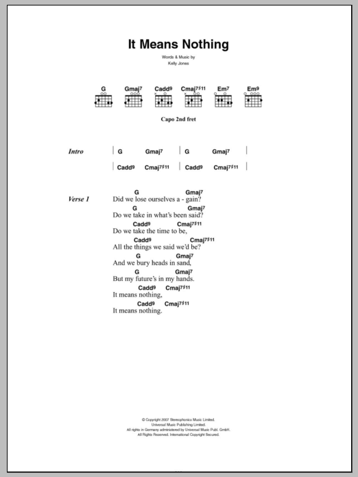 Stereophonics It Means Nothing sheet music notes and chords. Download Printable PDF.