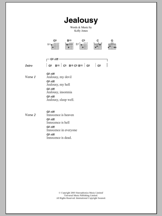 Stereophonics Jealousy sheet music notes and chords. Download Printable PDF.