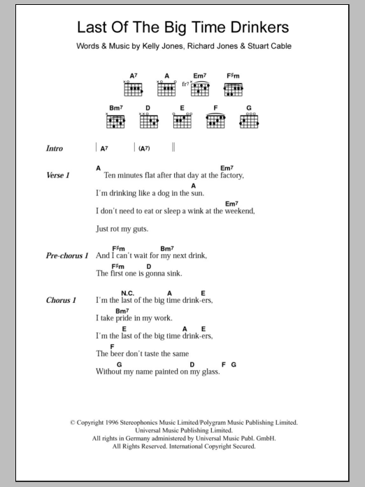 Stereophonics Last Of The Big Time Drinkers sheet music notes and chords. Download Printable PDF.