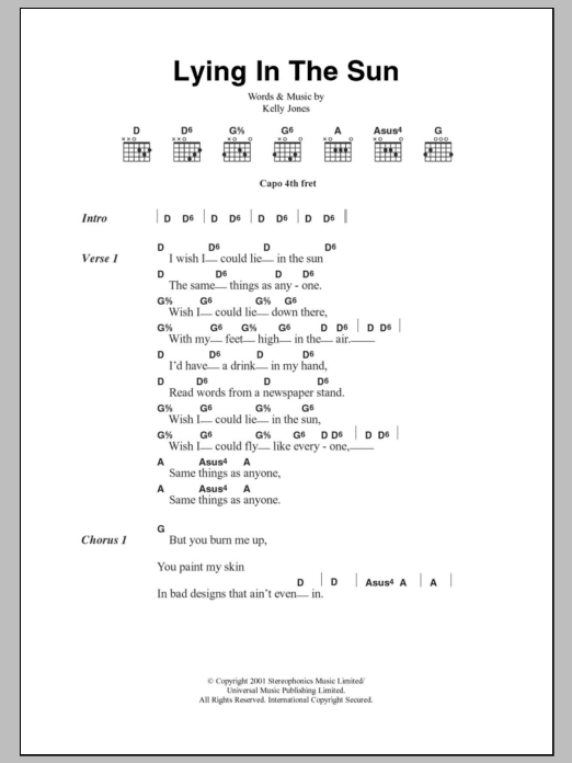 Stereophonics Lying In The Sun sheet music notes and chords. Download Printable PDF.