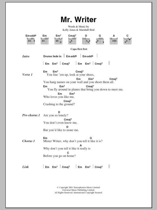 Stereophonics Mr. Writer sheet music notes and chords. Download Printable PDF.