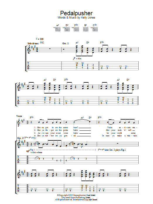 Learn to play Stereophonics Pedalpusher sheet music for Guitar Tab in minutes. Price: 7.8900$ Stereophonics Pedalpusher sheet music notes and chords arranged for Guitar Tab
