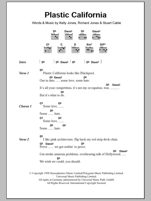 Stereophonics Plastic California sheet music notes and chords. Download Printable PDF.