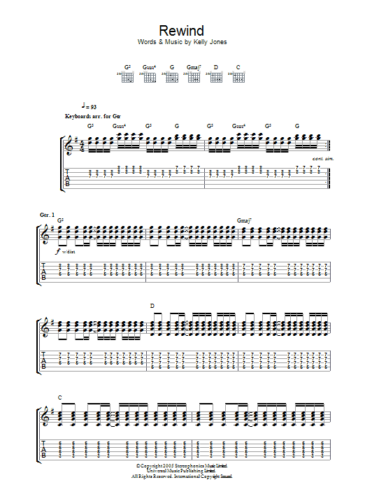 Learn to play Stereophonics Rewind sheet music for Guitar Tab in minutes. Price: 7.8900$ Stereophonics Rewind sheet music notes and chords arranged for Guitar Tab