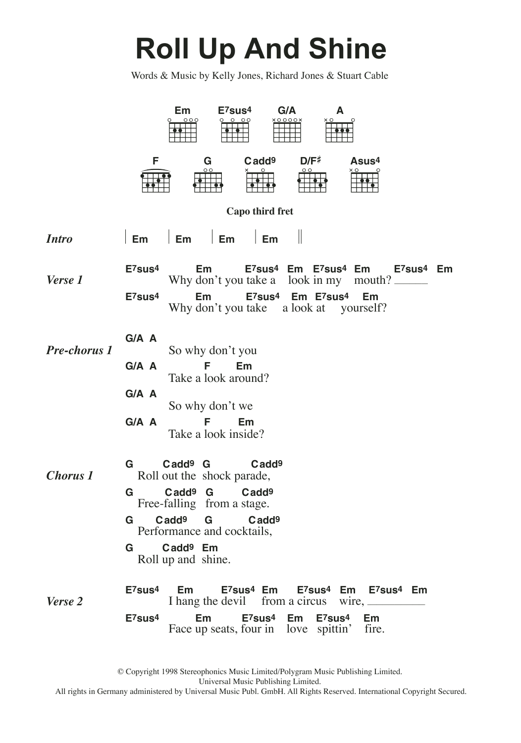 Stereophonics Roll Up And Shine sheet music notes and chords. Download Printable PDF.